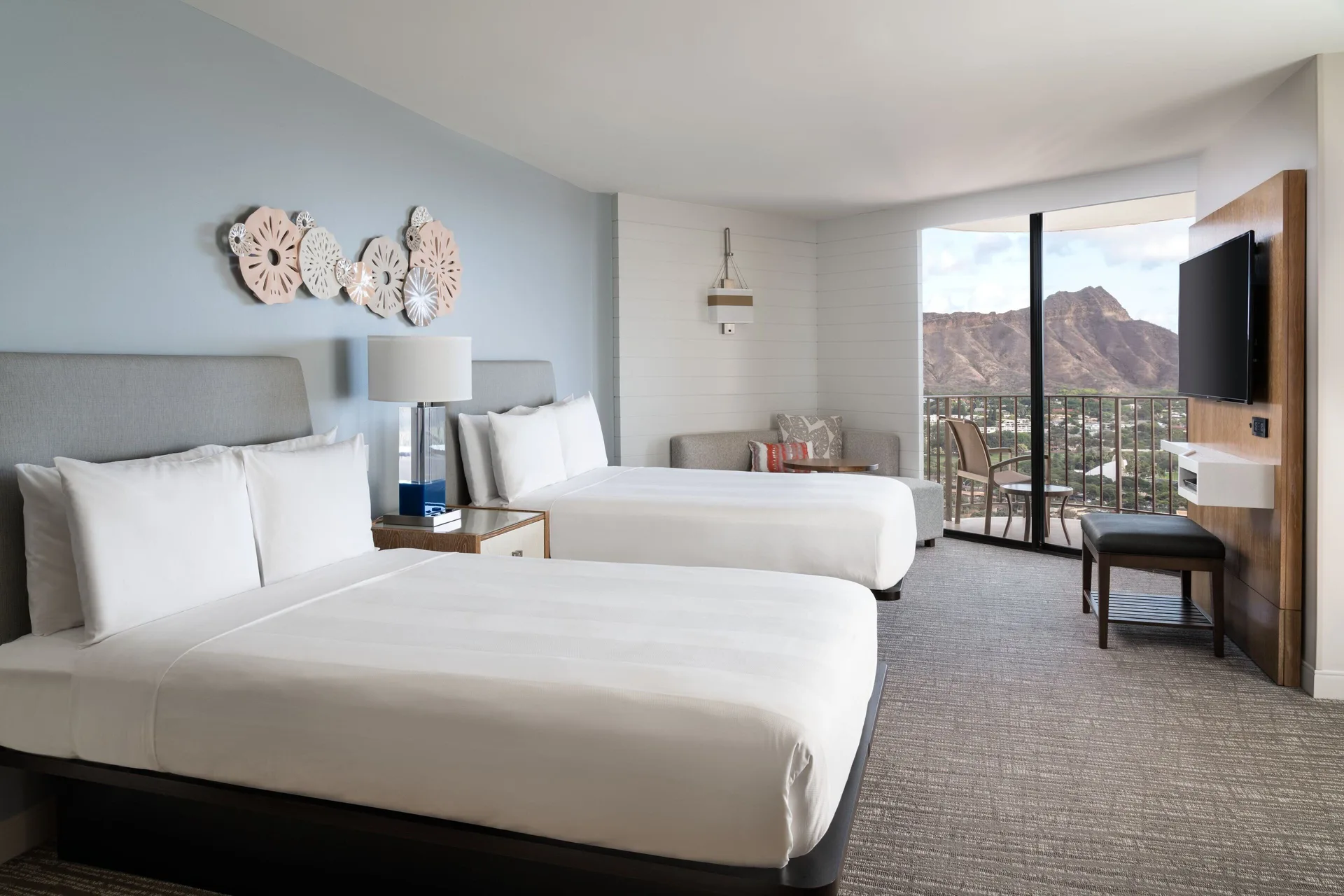 Ocean Front Hearing Accessible Guest Room Two Beds Balcony at Waikiki Beach Marriott Resort & Spa with oceanfront views and accessibility features.