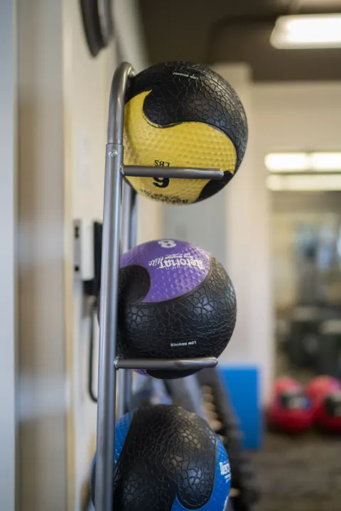 Close-up of medicine balls on a rack in the fitness room at Waikiki Malia.