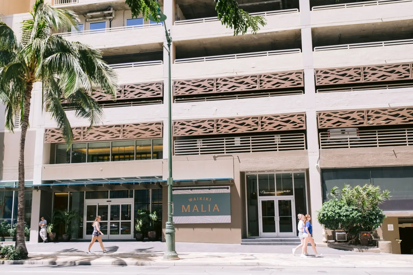 Street-level exterior entrance and palm tree at Waikiki Malia.