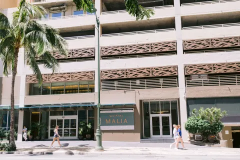 Street-level exterior entrance and palm tree at Waikiki Malia.