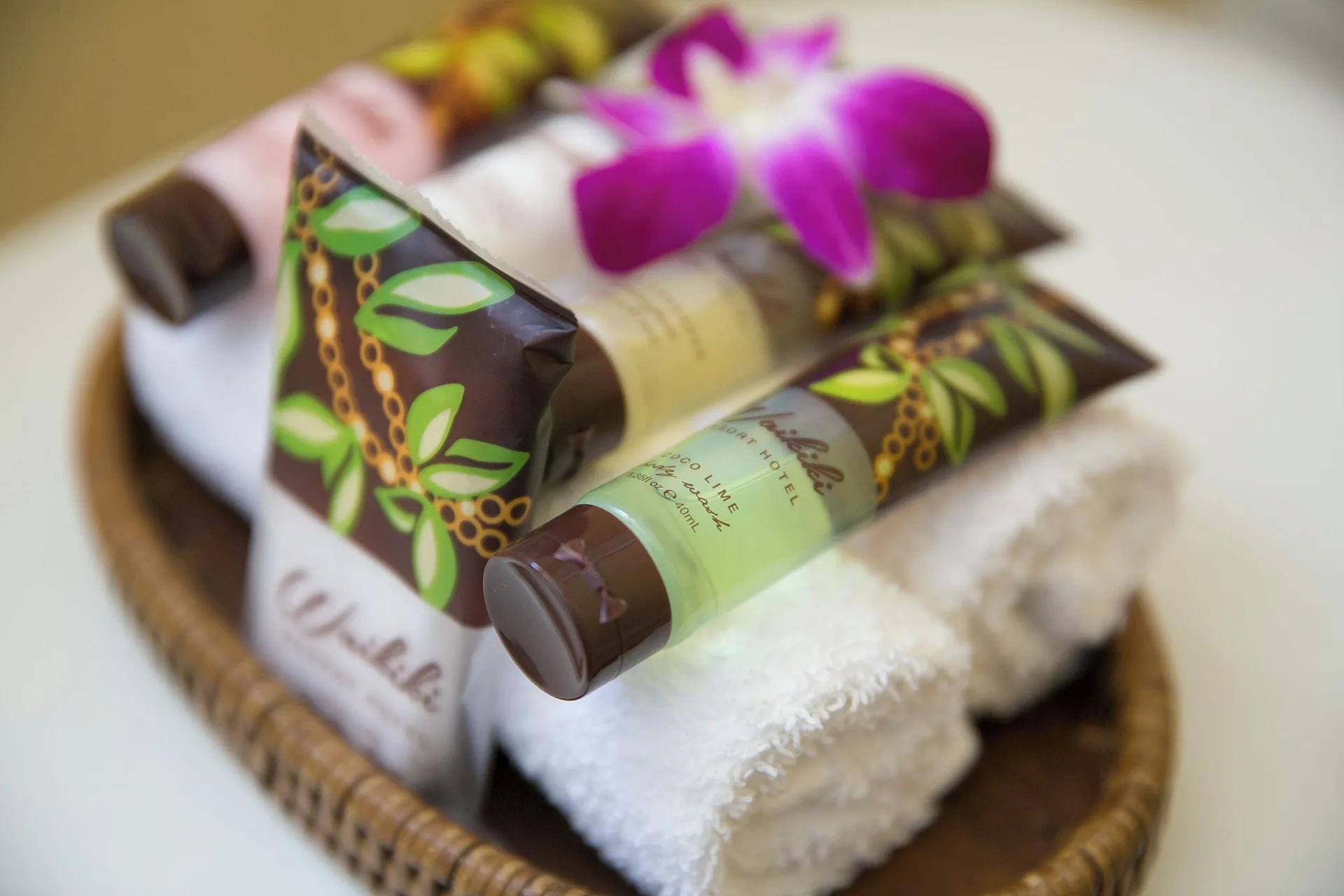 Superior Studio with Den towel basket with bath amenities at Waikiki Resort Hotel.