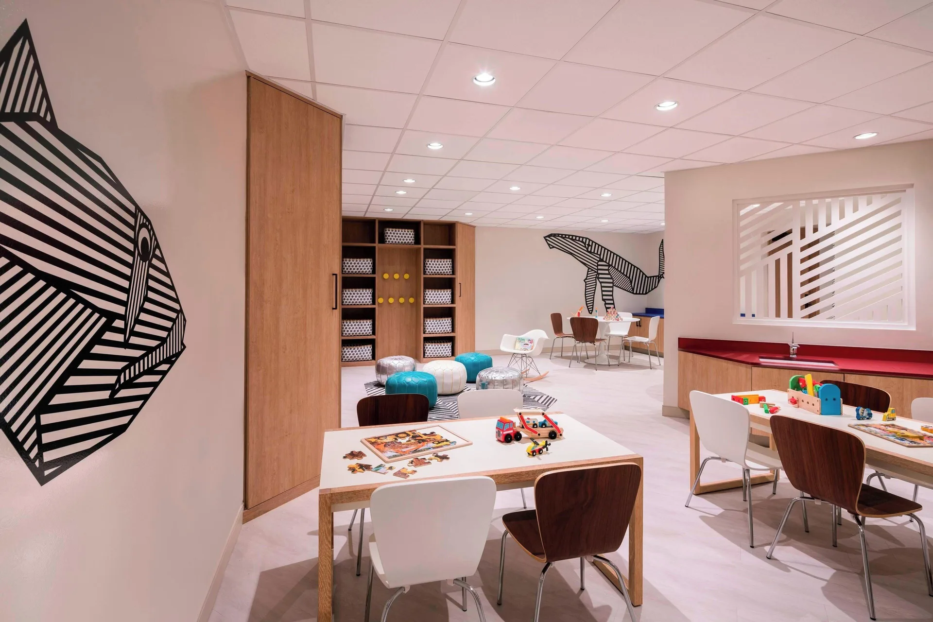 Kids club activity room with tables, toys, and whale murals at Wailea Beach Resort - Marriott, Maui.