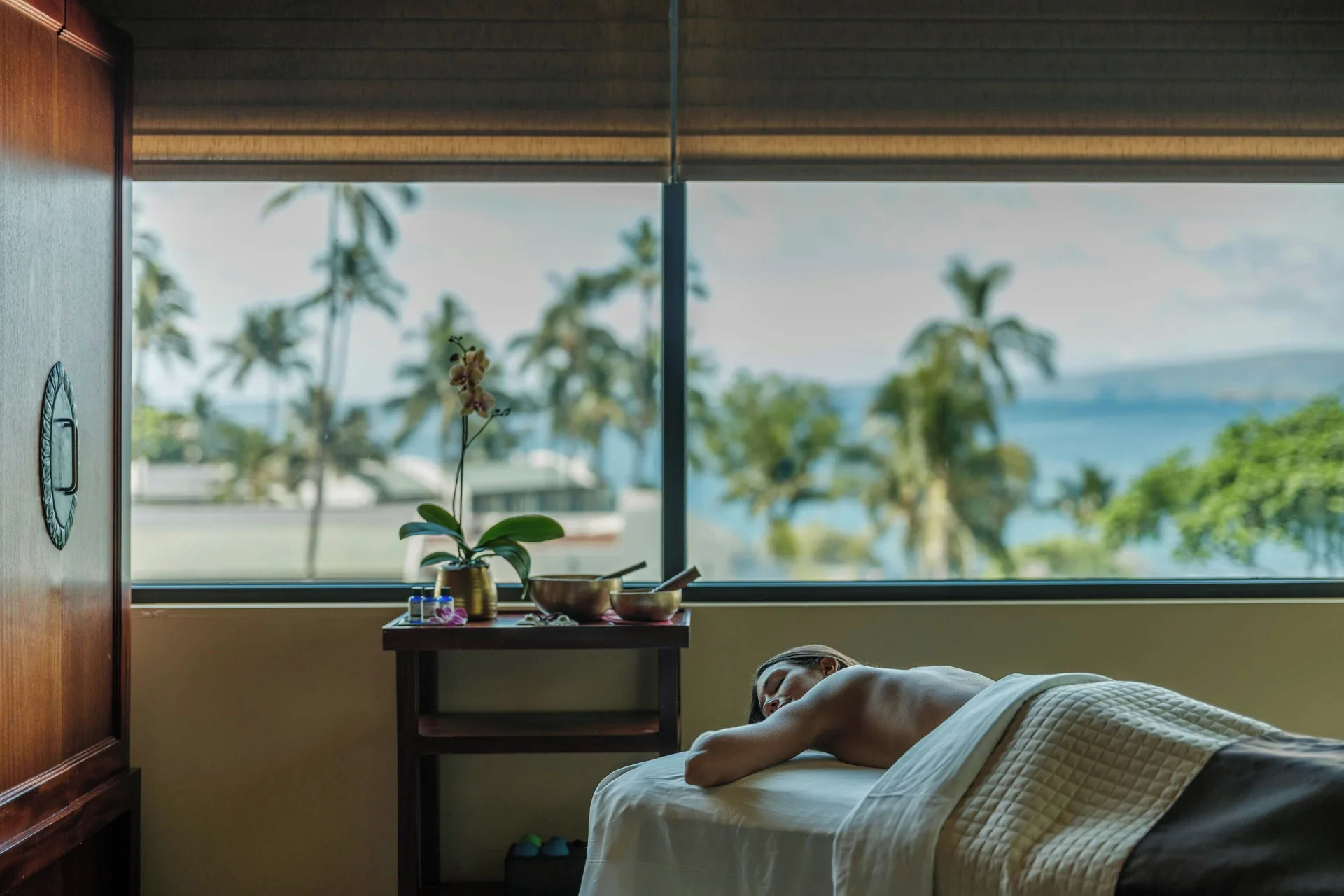 Massage treatment room with palm and ocean views at Wailea Beach Resort - Marriott, Maui.
