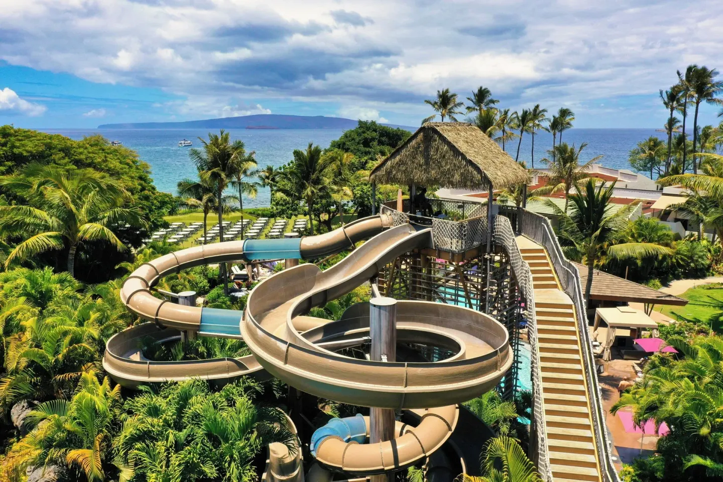 Aerial view of a waterslide tower and ocean at Wailea Beach Resort - Marriott, Maui.
