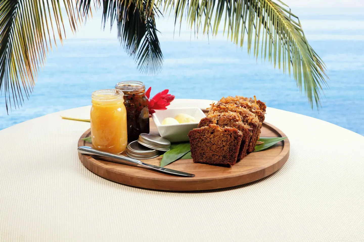 Banana bread and fruit spreads by the ocean at Wailea Beach Resort - Marriott, Maui.