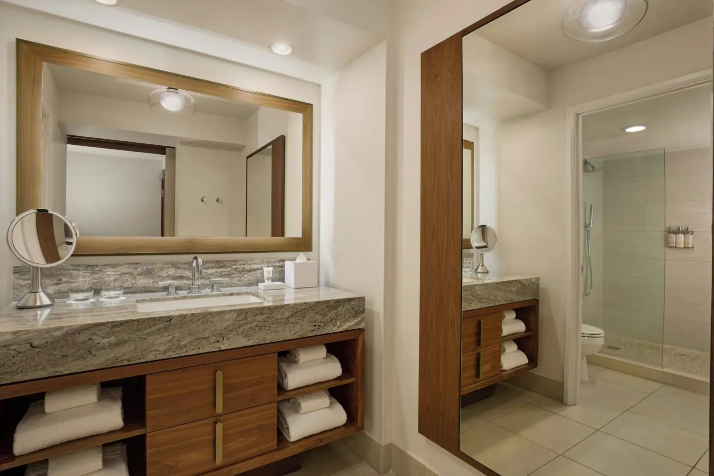 Junior suite bathroom vanity and shower at Wailea Beach Resort - Marriott, Maui.