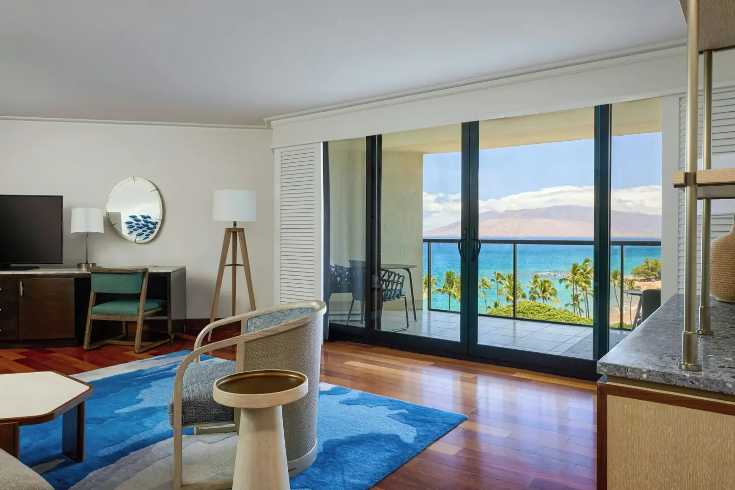 Junior suite living area with balcony ocean view at Wailea Beach Resort - Marriott, Maui.
