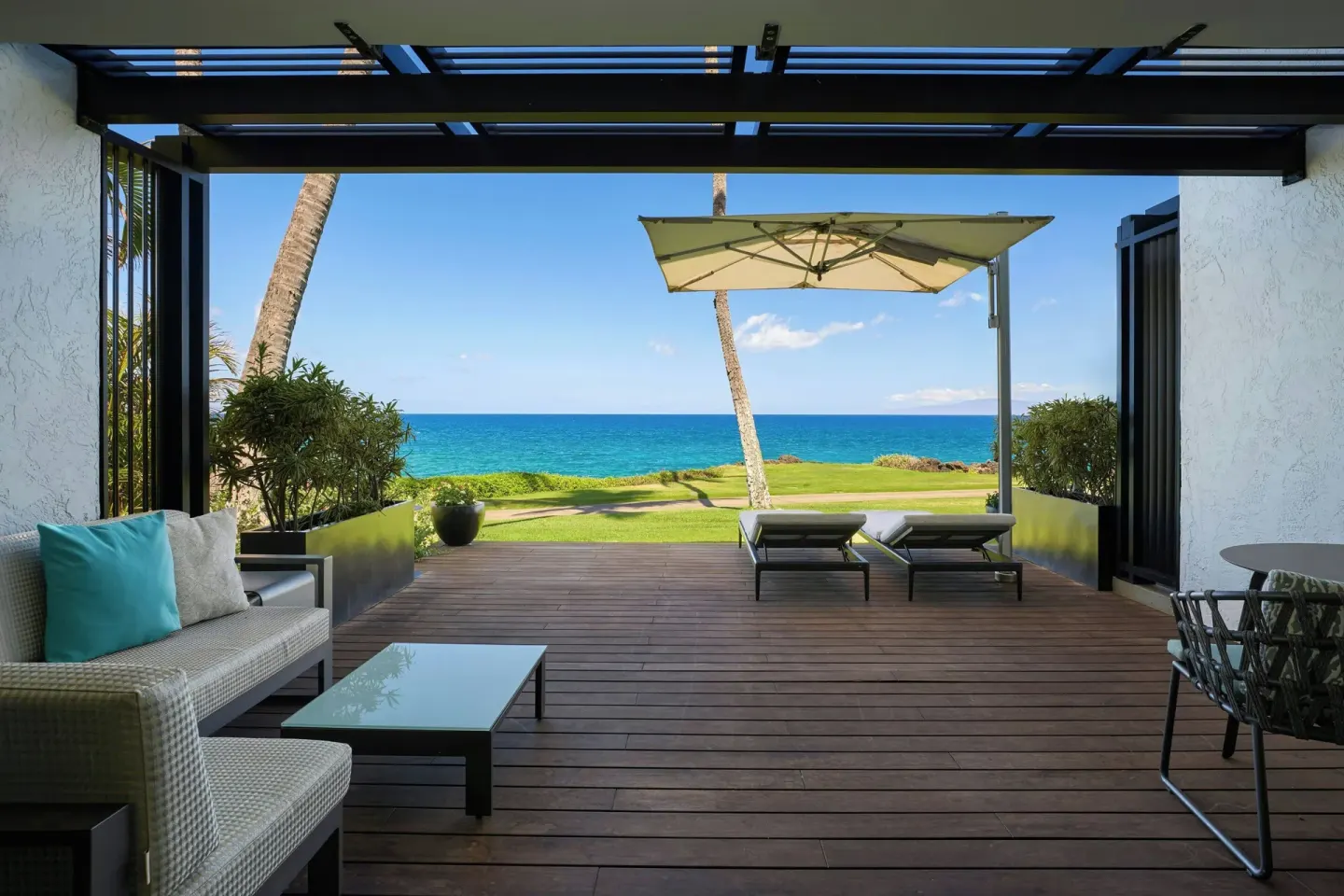 Oceanfront junior suite furnished terrace at Wailea Beach Resort - Marriott, Maui.