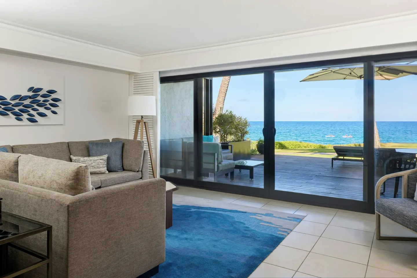 Oceanfront junior suite living area and terrace at Wailea Beach Resort - Marriott, Maui.