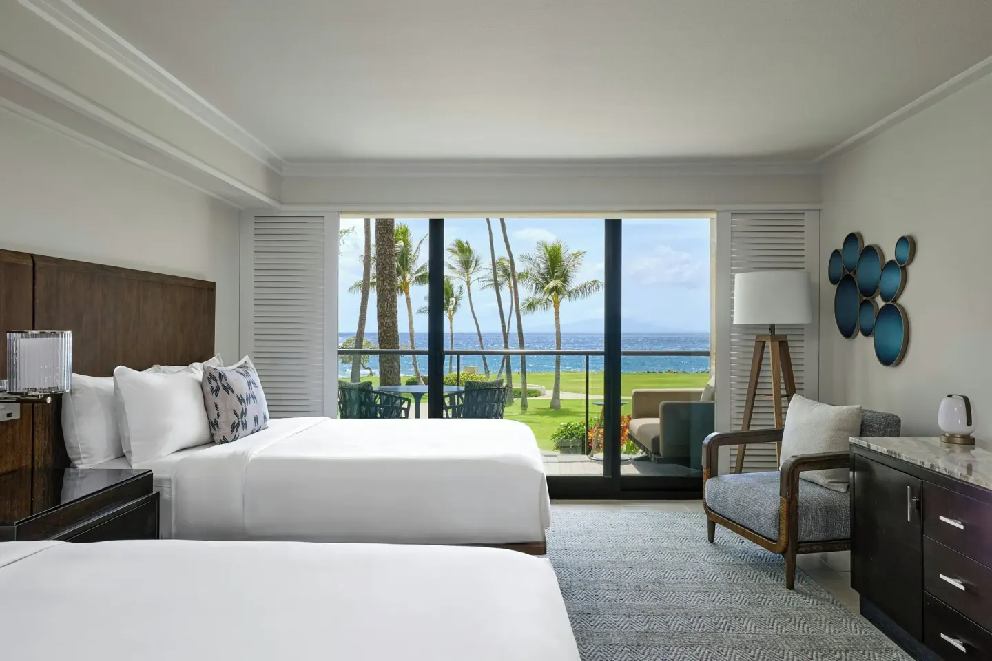 Premium Ocean View room at Wailea Beach Resort - Marriott, Maui with two beds and balcony view.