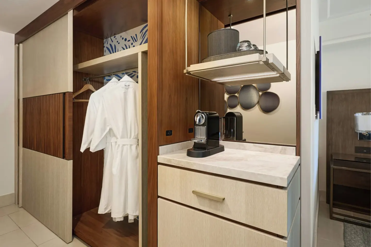 Closet and coffee station in an oceanfront room at Wailea Beach Resort - Marriott, Maui.