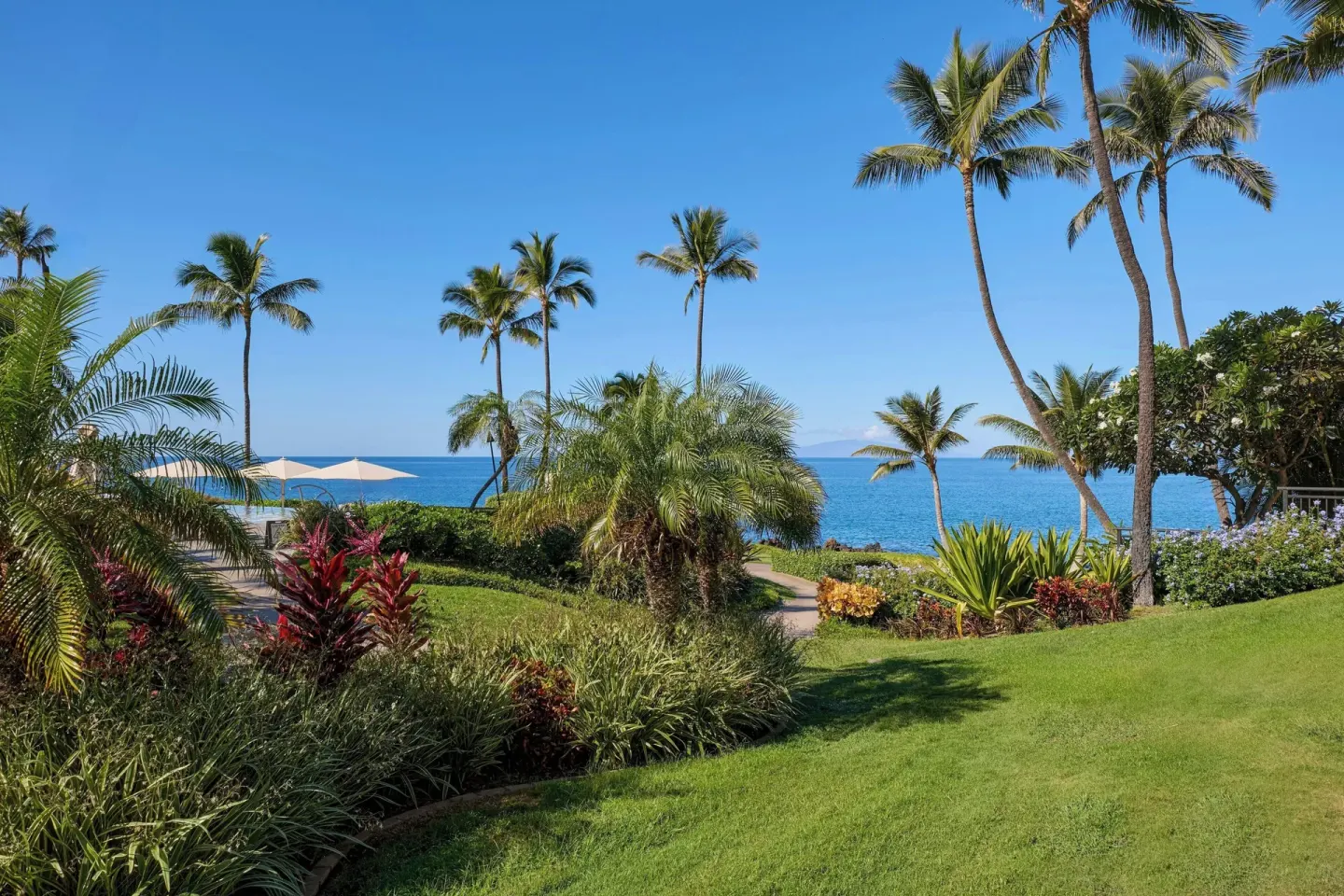 Ocean view with palms and gardens from a ground-floor room at Wailea Beach Resort - Marriott, Maui.