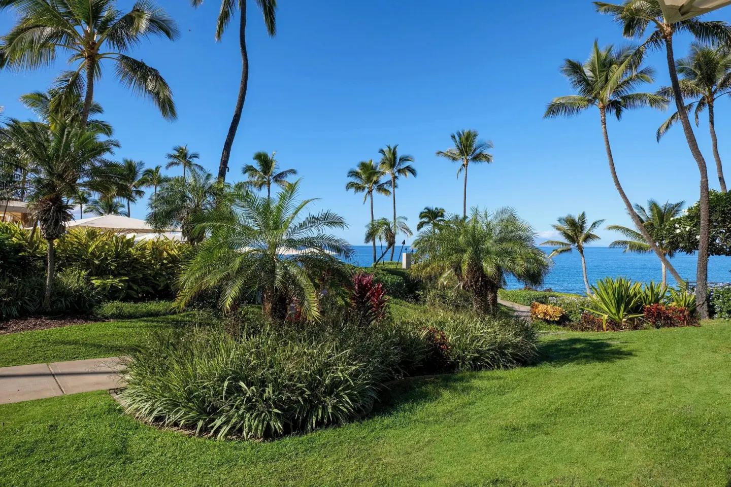 Tropical lawn and ocean view near a ground-floor room at Wailea Beach Resort - Marriott, Maui.