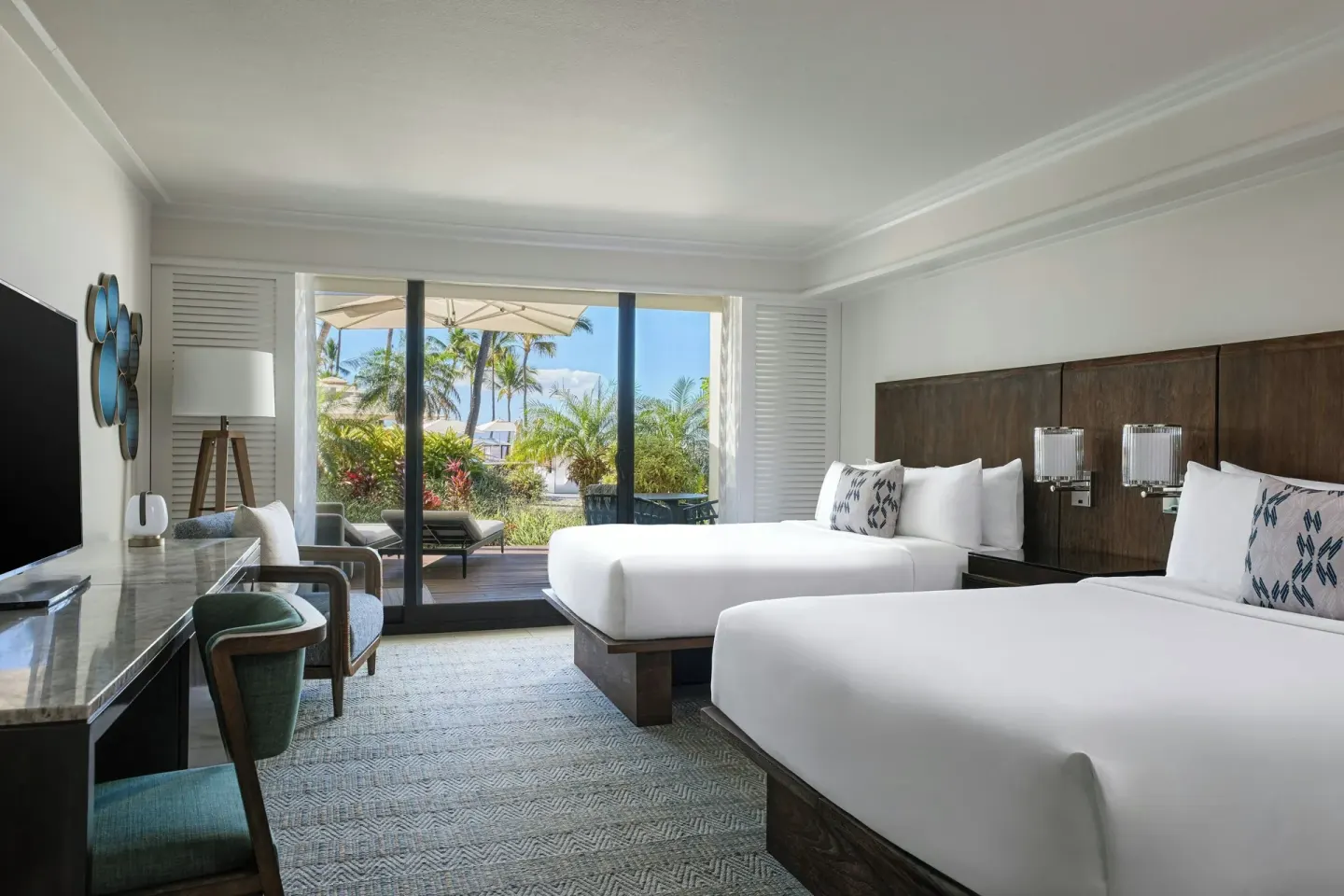 Two-bed guest room with lanai doors at Wailea Beach Resort - Marriott, Maui.