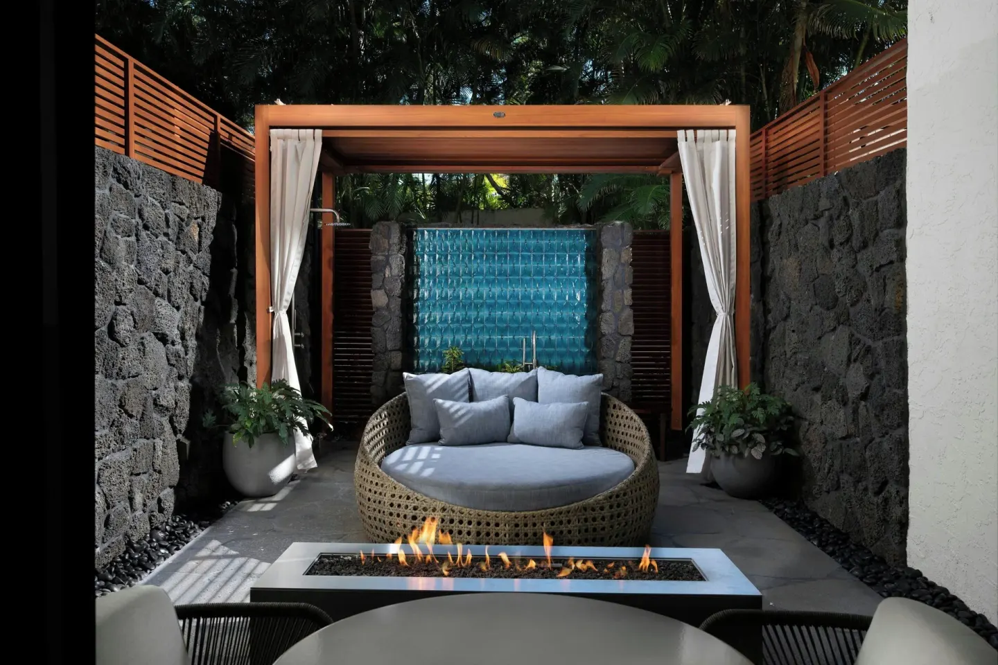 Garden Oasis lanai with daybed and fire feature at Wailea Beach Resort - Marriott, Maui.