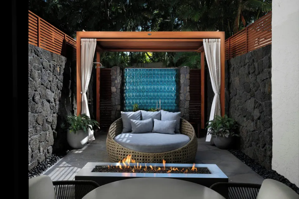Garden Oasis lanai with daybed and fire feature at Wailea Beach Resort - Marriott, Maui.