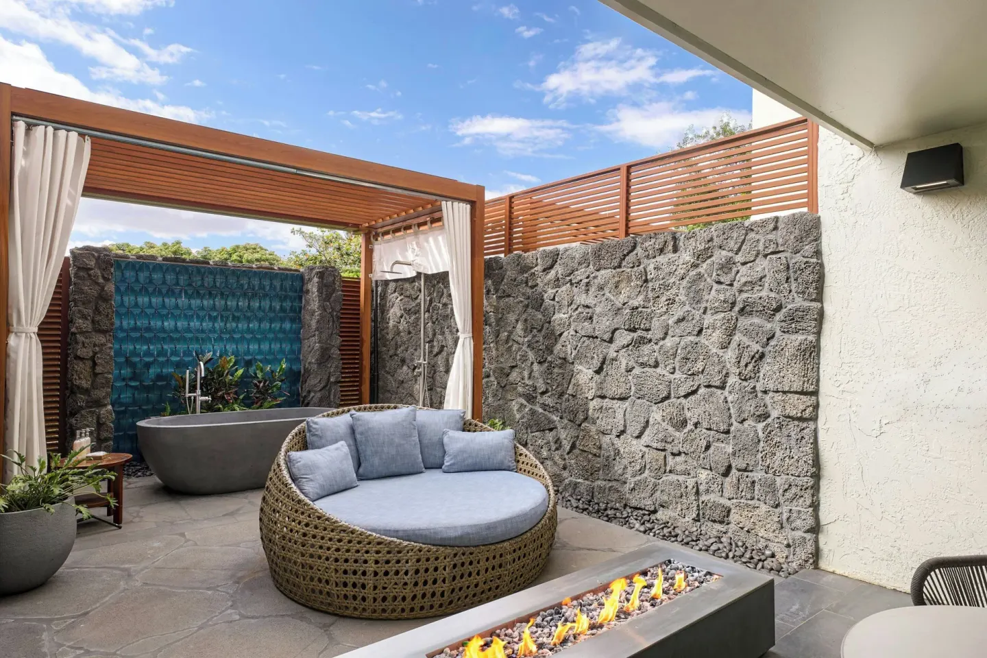 Garden Oasis lanai with soaking tub and fire feature at Wailea Beach Resort - Marriott, Maui.