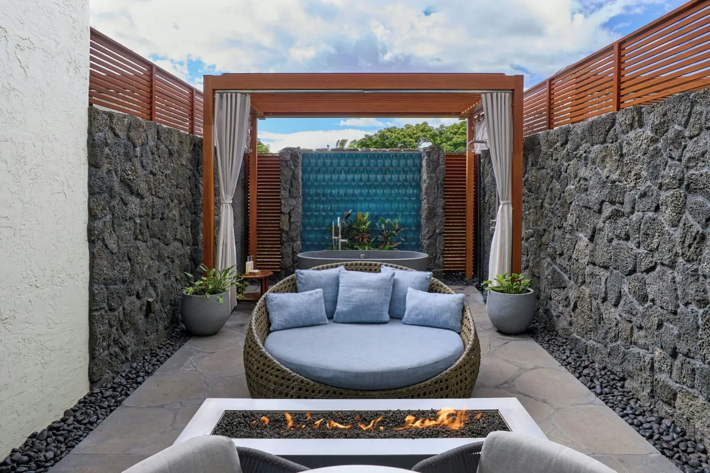 Private Garden Oasis lanai with daybed and water wall at Wailea Beach Resort - Marriott, Maui.