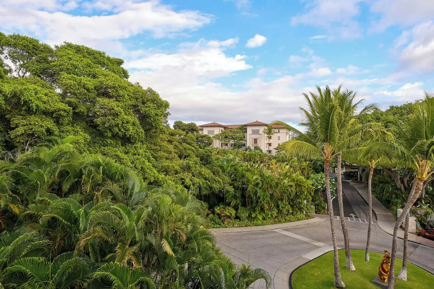 Garden view with palms and resort drive from a room at Wailea Beach Resort - Marriott, Maui.