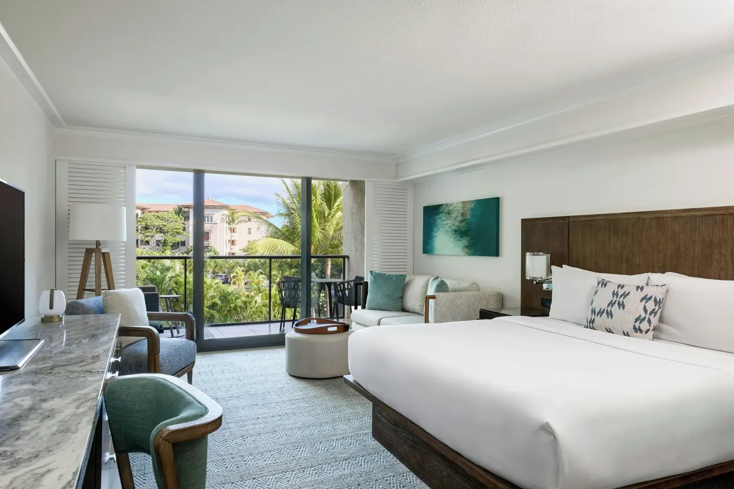 King bed and sofa bed room with balcony at Wailea Beach Resort - Marriott, Maui.