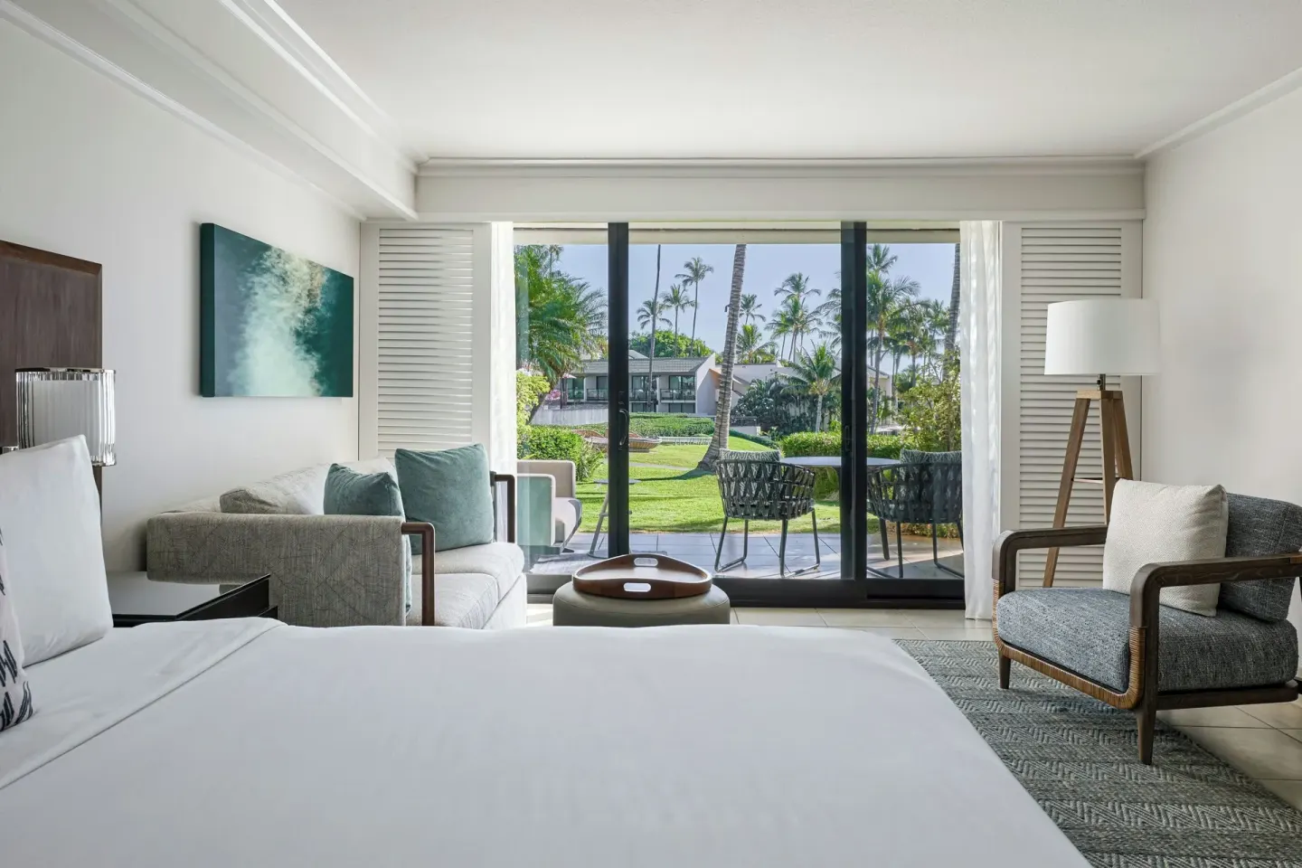 King bed guest room with sofa bed and balcony doors at Wailea Beach Resort - Marriott, Maui.
