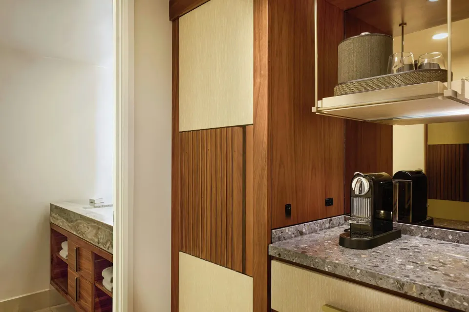 Suite refreshment counter and adjacent bath area at Wailea Beach Resort - Marriott, Maui.