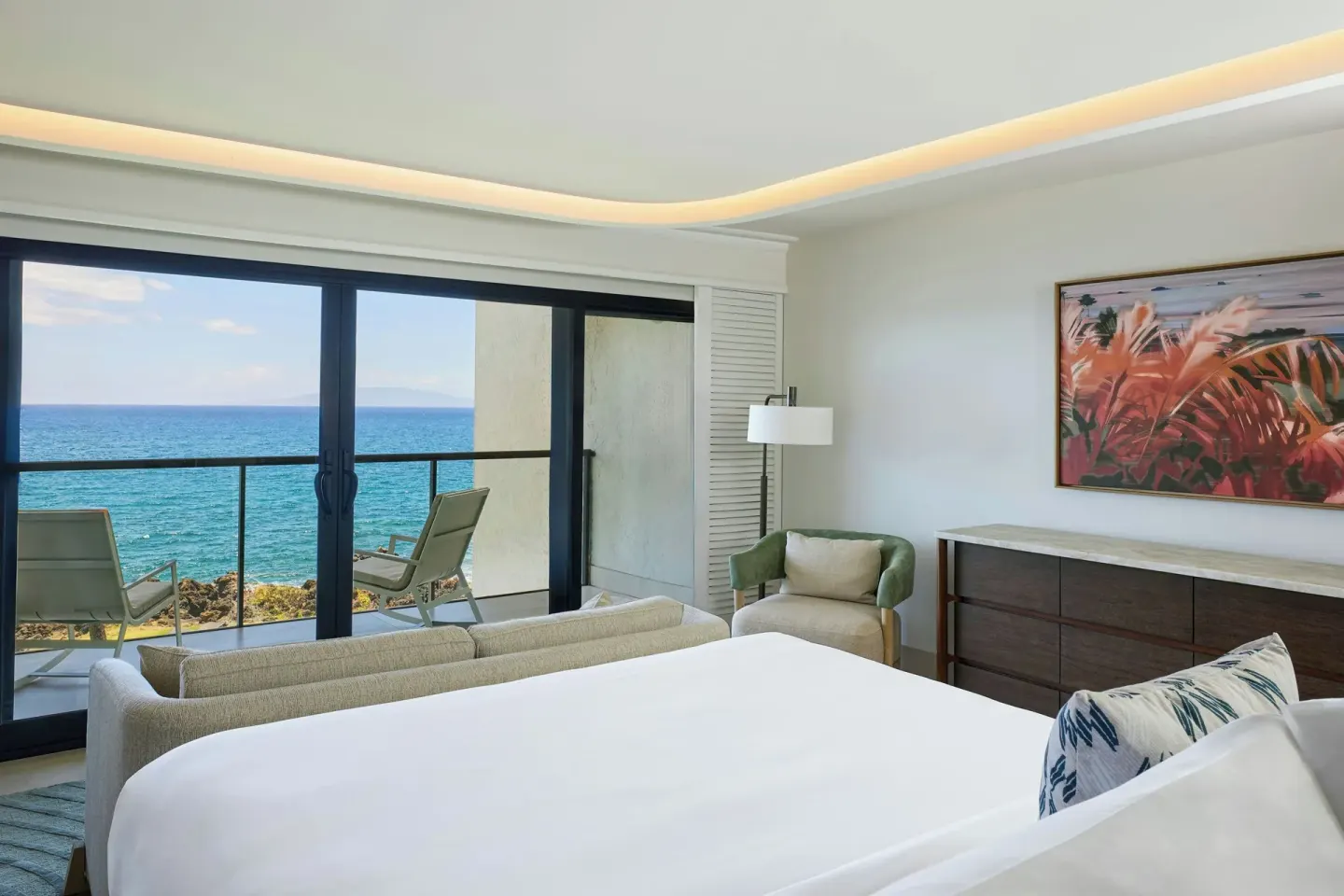 Oceanfront one-bedroom villa bedroom with balcony view at Wailea Beach Resort - Marriott, Maui.