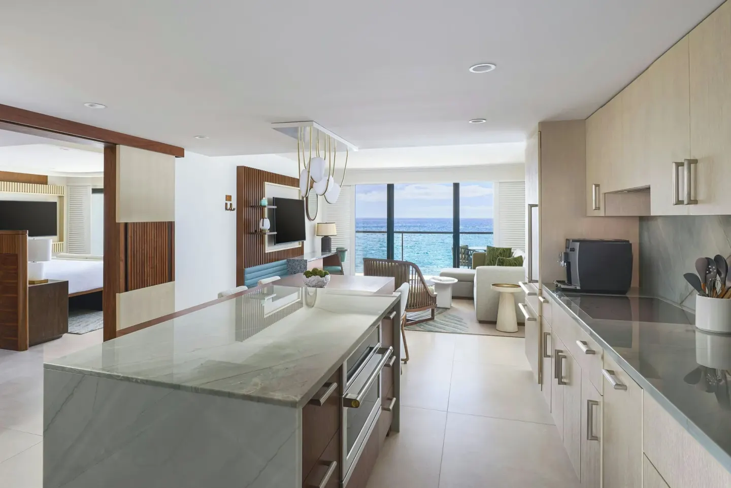 Oceanfront villa kitchen looking into living room at Wailea Beach Resort - Marriott, Maui.