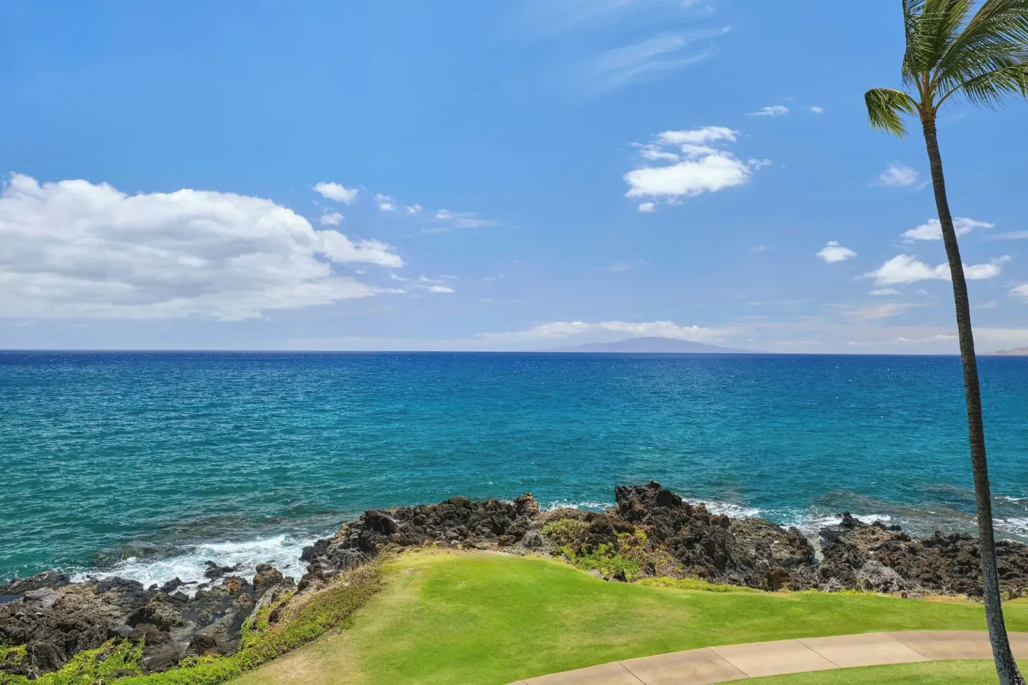 Oceanfront view from a villa at Wailea Beach Resort - Marriott, Maui, with lawn, lava rock, and palm.