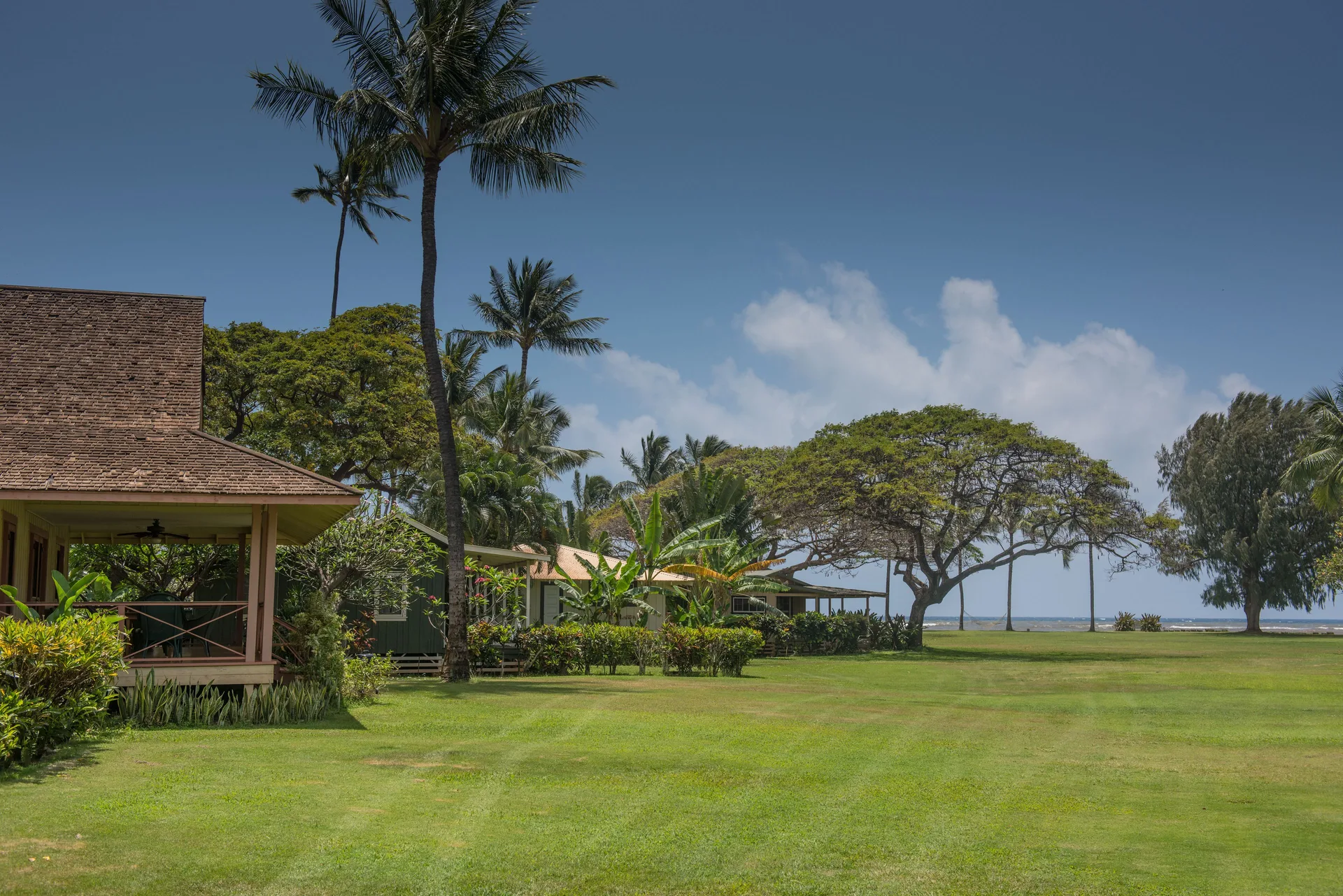 Oceanfront lawn, palms, and cottages at Waimea Plantation Cottages.