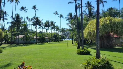 Palm-lined resort lawn with cottages at Waimea Plantation Cottages.