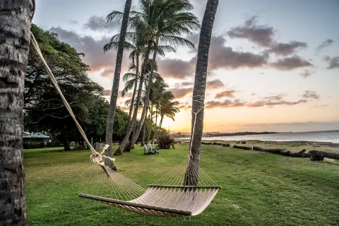 Hammock between palms by the shoreline at Waimea Plantation Cottages.