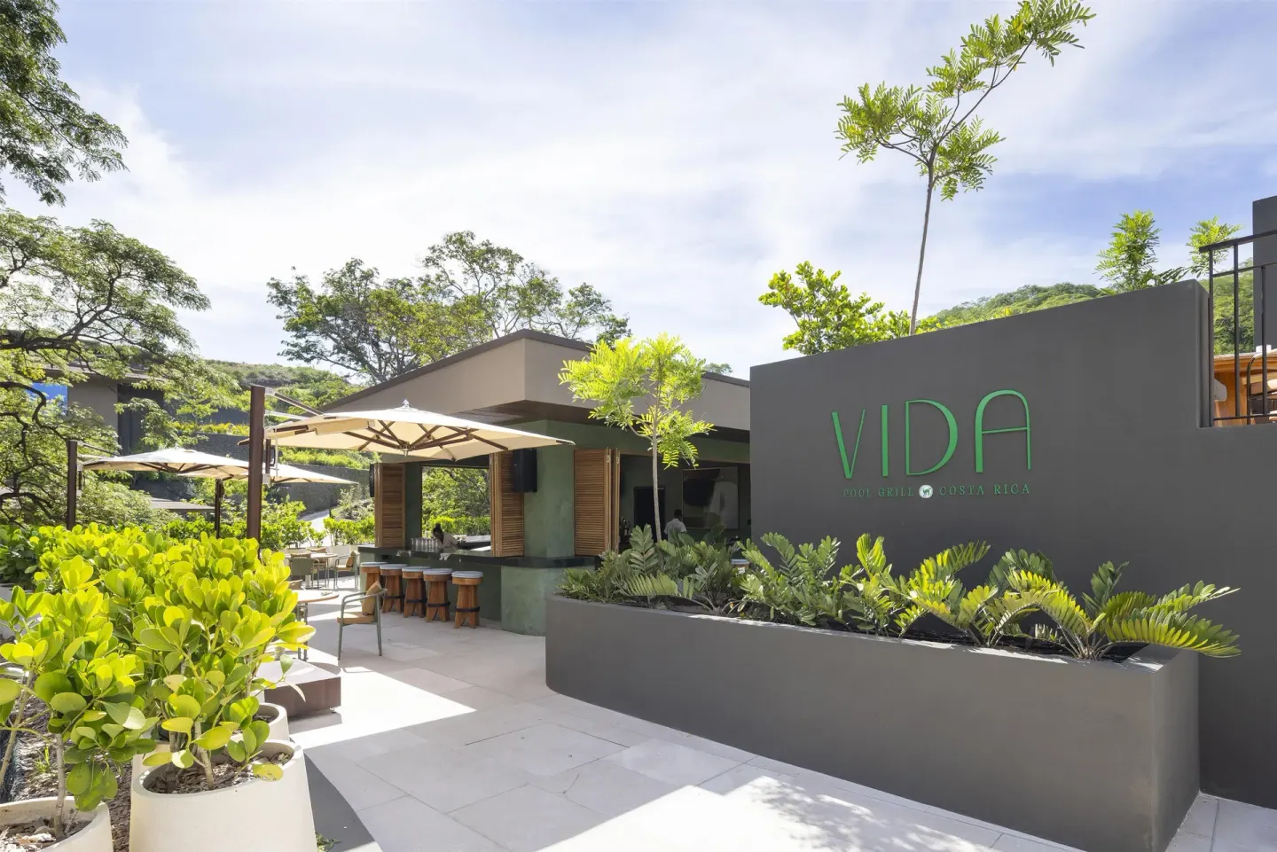 Vida Pool & Grill entrance and terrace at Waldorf Astoria Costa Rica Punta Cacique.