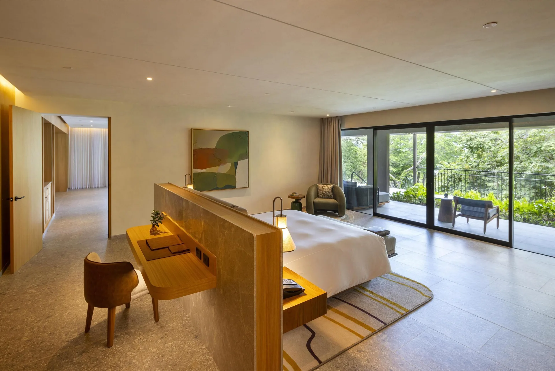 Ocean View 1 Bedroom Villa king bed and balcony at Waldorf Astoria Costa Rica Punta Cacique.