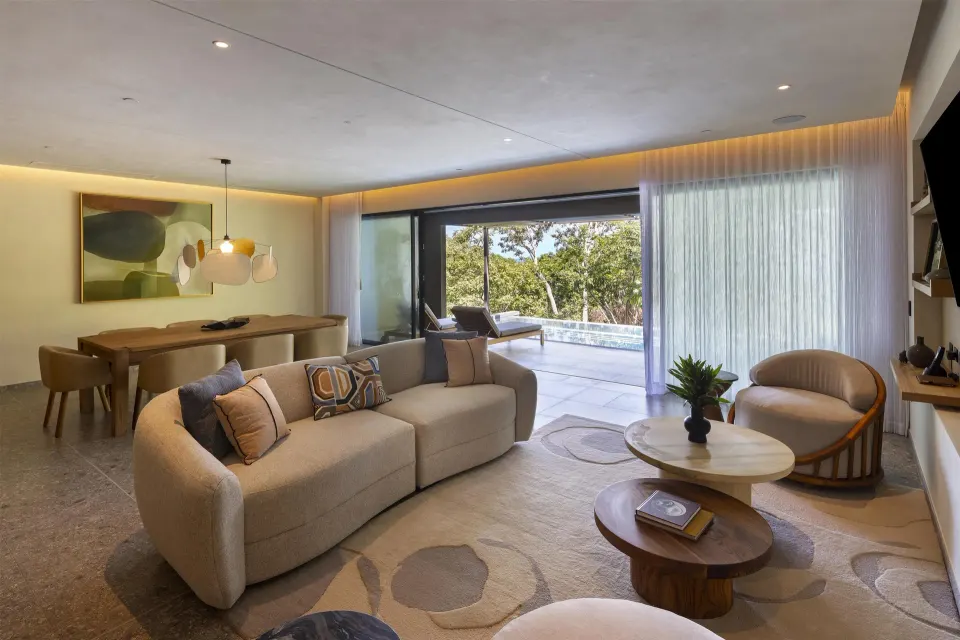 Ocean View 1 Bedroom Villa lounge opening to terrace at Waldorf Astoria Costa Rica Punta Cacique.