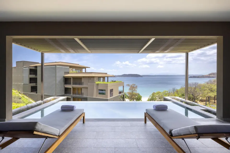 Ocean View 1 Bedroom Villa terrace loungers at Waldorf Astoria Costa Rica Punta Cacique.