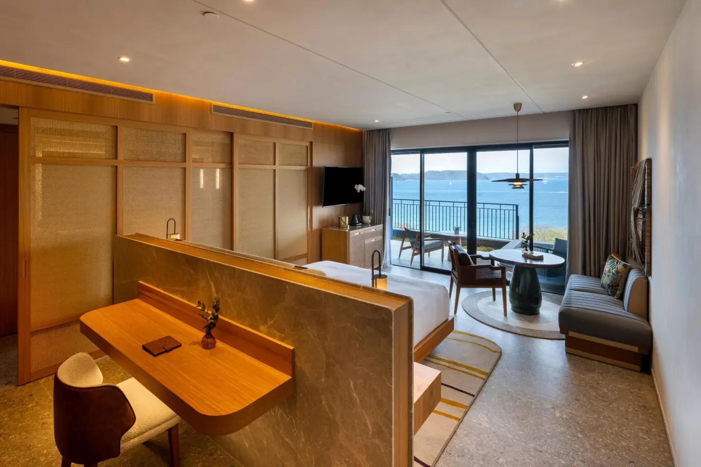 Ocean View 1 Room with bed, desk, seating and balcony at Waldorf Astoria Costa Rica Punta Cacique.