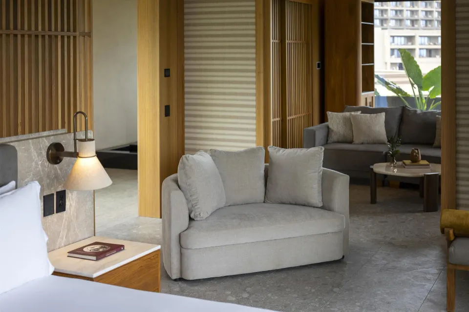 Villa bedroom seating area at Waldorf Astoria Costa Rica Punta Cacique.