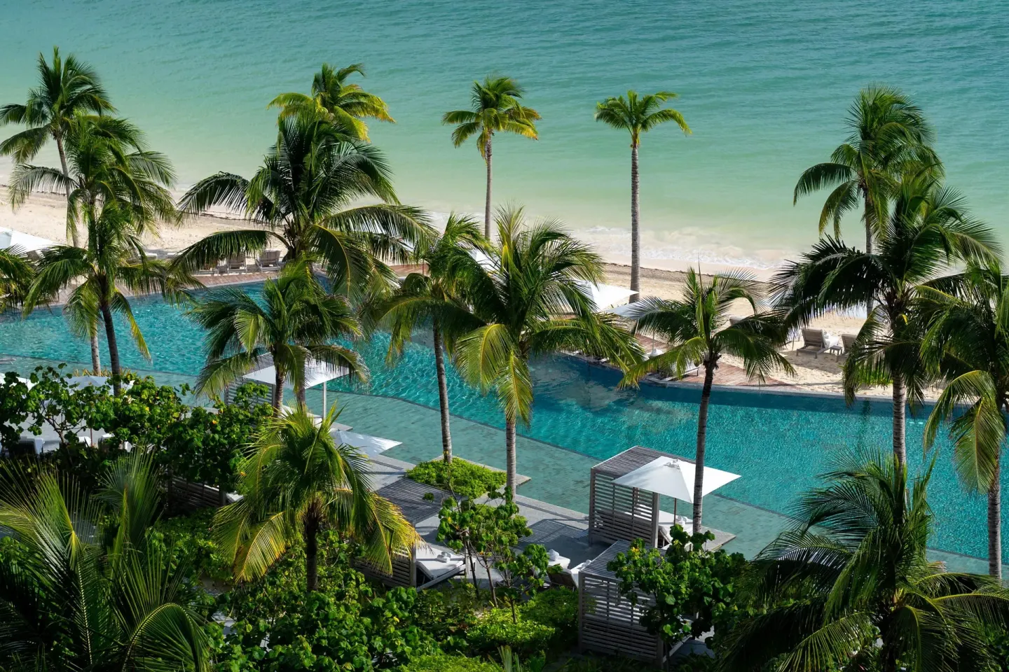 Beachfront pool with palm trees and turquoise sea at Waldorf Astoria Riviera Maya.