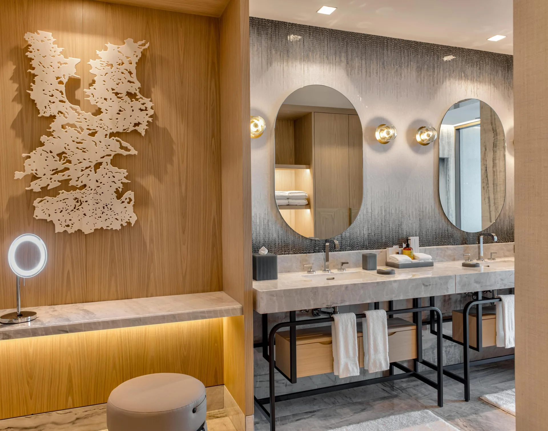 Amai Suite bathroom vanity and dressing nook at Waldorf Astoria Riviera Maya.