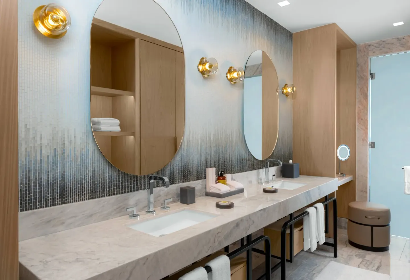Deluxe Ocean Front bathroom with double vanity at Waldorf Astoria Riviera Maya.