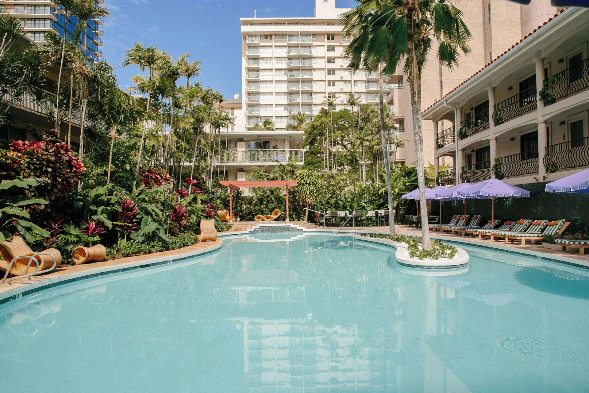 Outdoor pool with palms and lounge chairs at Wayfinder Waikiki.