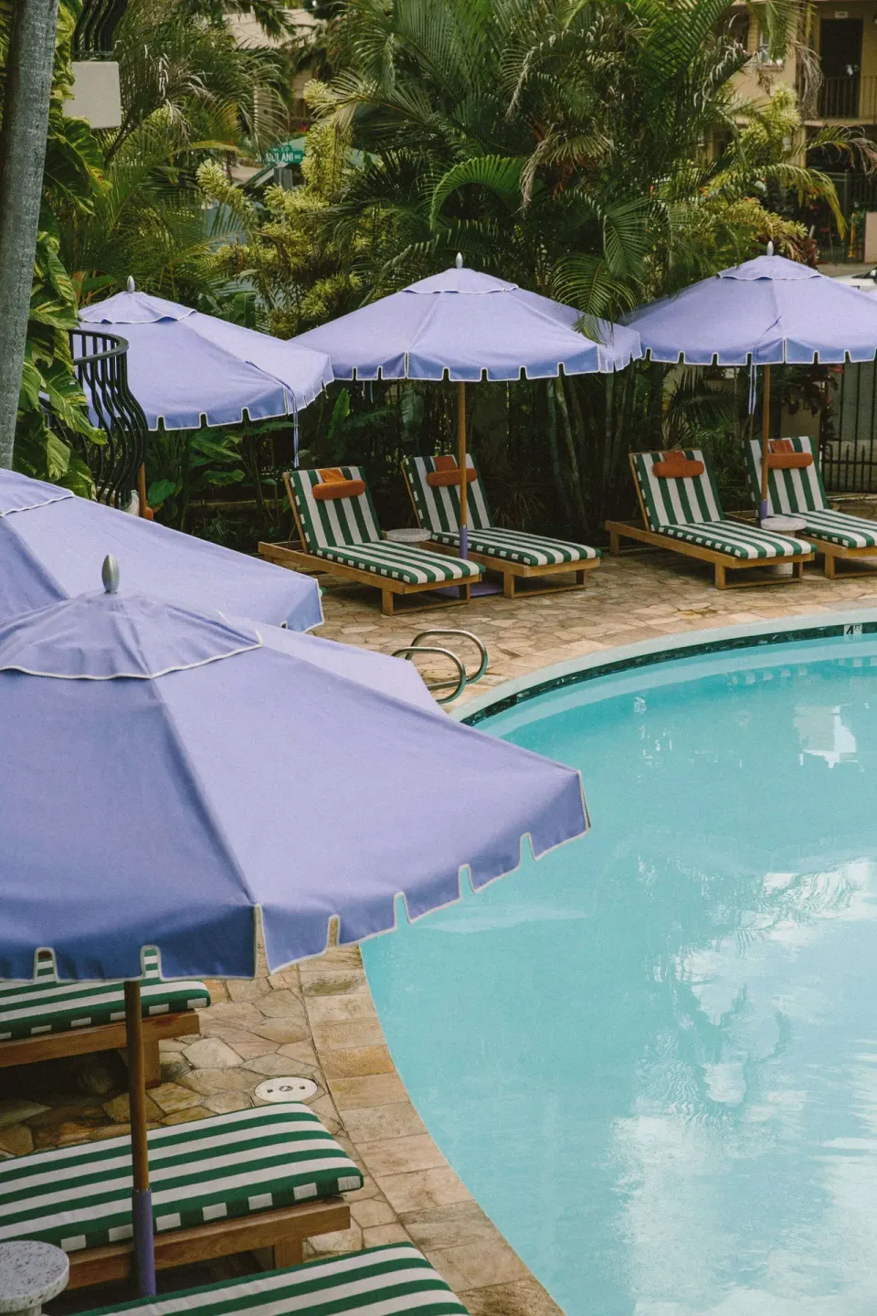 Poolside lounge chairs and lavender umbrellas line the water at Wayfinder Waikiki.