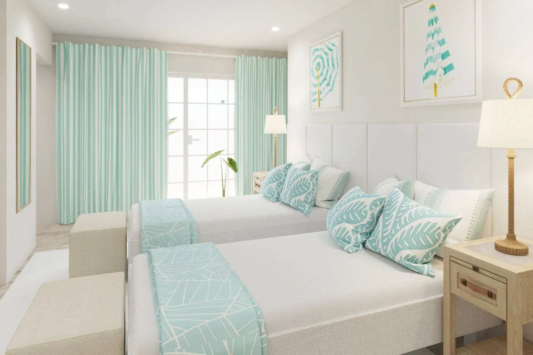 Oasis guest room with two beds and aqua accents at Windjammer Landing Resort and Residences.