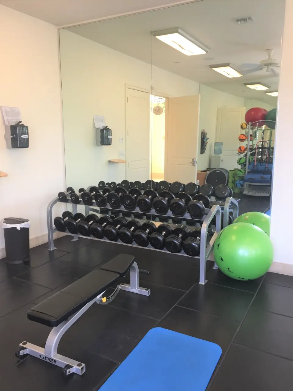 Fitness room with dumbbells, bench and exercise balls at Windsong on the Reef.