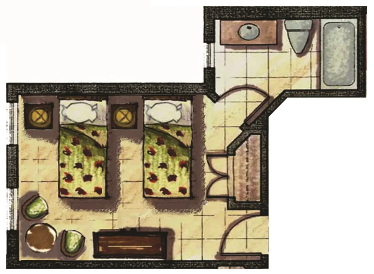 Guest room floor plan with two beds and a bathroom at Windsong on the Reef.