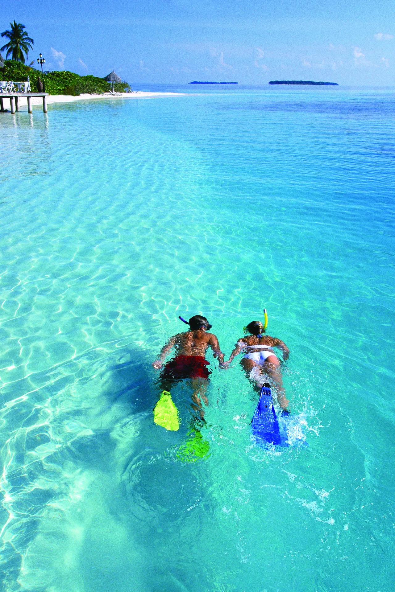 Two snorkelers swimming in clear turquoise water near Windsong on the Reef.