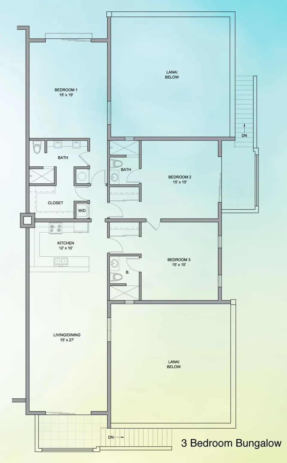 3 Bedroom Bungalow floor plan showing bedrooms, baths, kitchen and lanais at Windsong on the Reef.