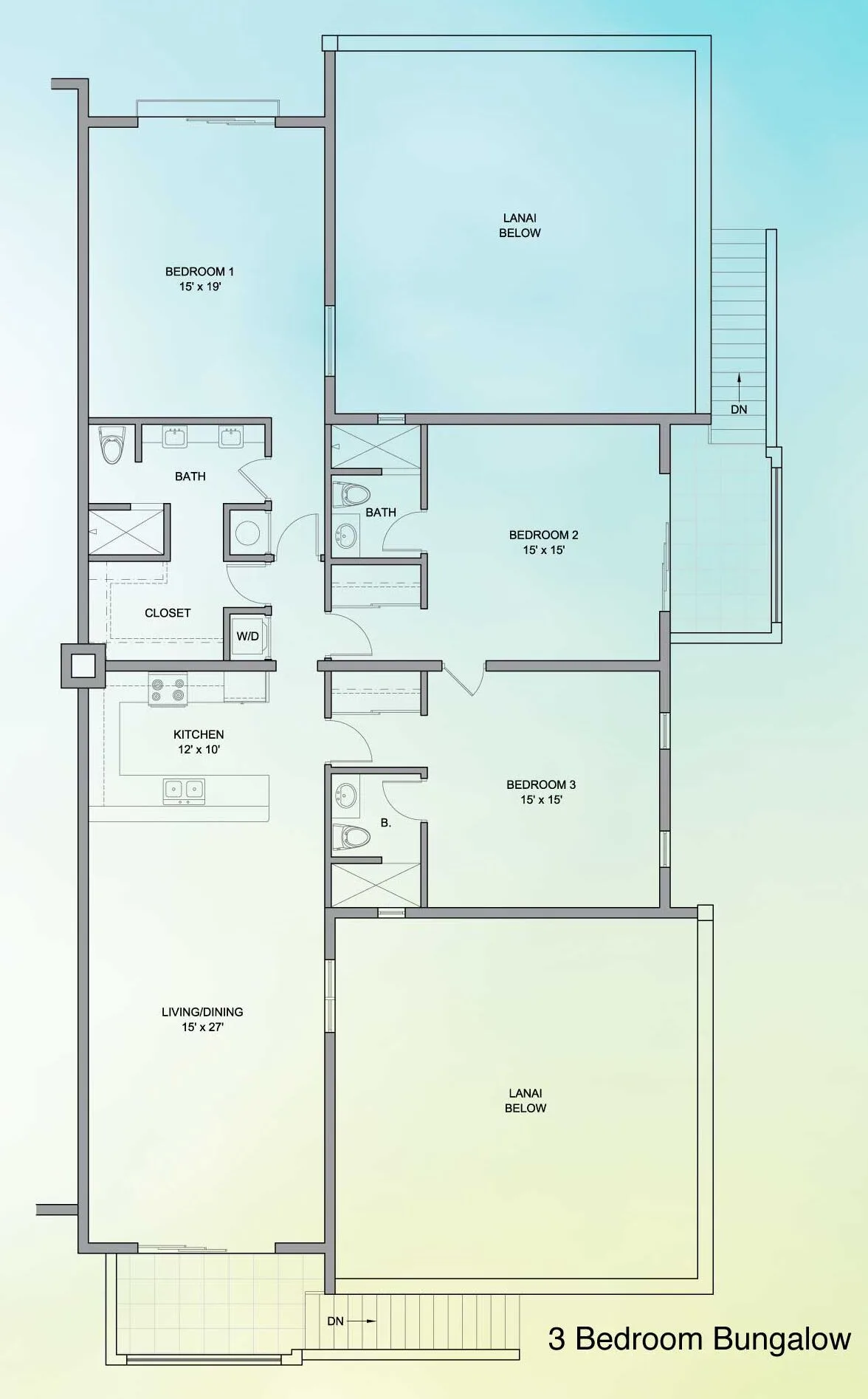 3 Bedroom Bungalow floor plan showing bedrooms, baths, kitchen and lanais at Windsong on the Reef.