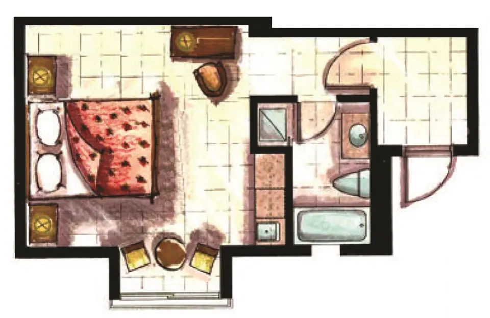 Studio floor plan illustration for Windsong on the Reef.